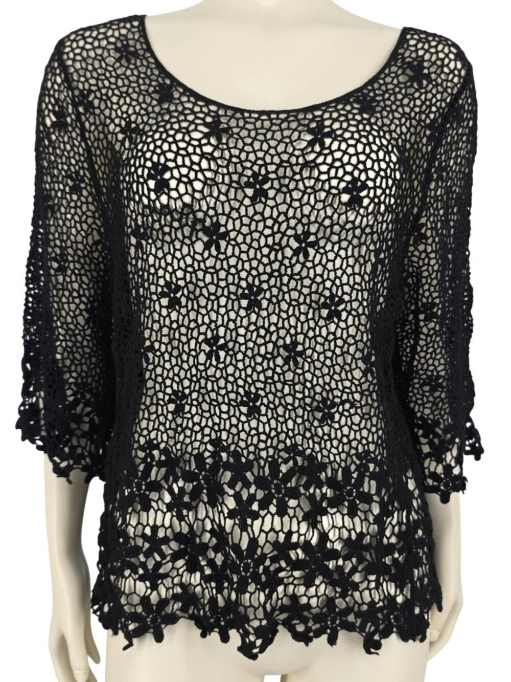 Women's Black Crochet Knit Floral Net Sweater Over Shirt Blouse Top Medium